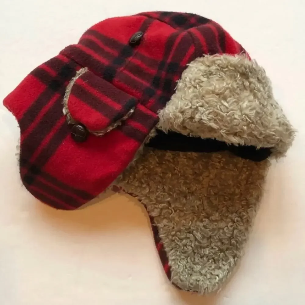 Gap Kids S/M Red & Black Plaid Super Soft Fleece‎ Bomber Hat